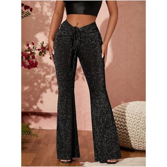 SOLY HUX Metallic Sequin Tie Front Elastic Waist Flare Leg Bottom Disco Pants XL - Picture 6 of 7
